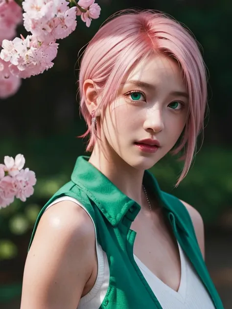 young woman, white skin, short pink hair with side bangs, wide forehead, big emerald green eyes, buttoned nose, peach lips, red vest, Sakura Haruno, realism, 3d