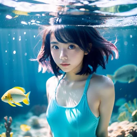 beautiful japanese girl　standing at the bottom of the blue sea　light blue one piece　complex colored hair　delicate hair　dreamy big eyes　attractive lips　smooth soft skin　tropical fish　Curtain of Light