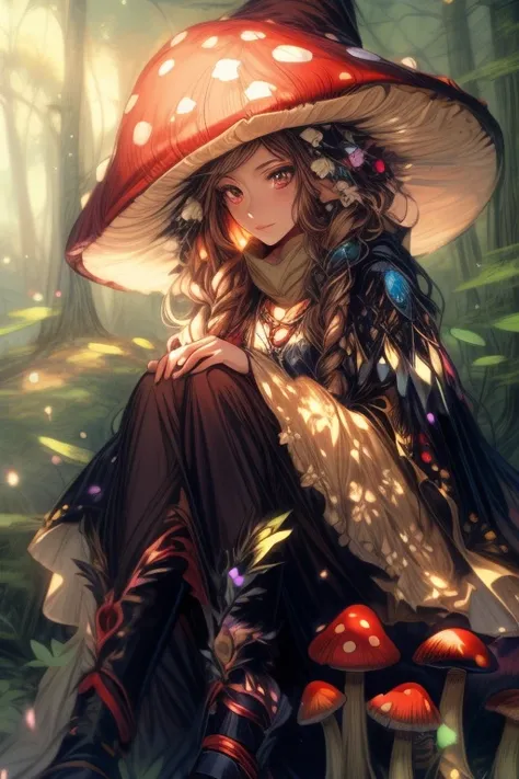 a woman sitting on a mushroom in the woods with a hat on, fantasy art style, anime style 4 k, bright witch, anime wallaper, anime fantasy illustration, 8k high quality detailed art, anime art wallpaper 4 k, anime art wallpaper 4k, hd anime wallaper, boho c...