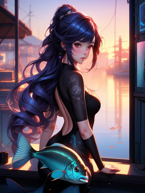 there  a girl with a lot of fish in her hair, beautiful digital artwork, stunning digital illustration, beautiful digital illustration, artwork in the style of guweiz, loish and wlop, exquisite digital illustration, ross tran 8 k, realistic digital art 4k,...