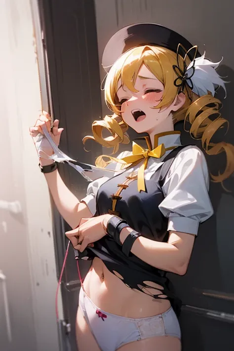 (mami tomoe, 1girl, closed eyes, open mouth, screaming, tentacle leash, fluttering skirt, white panties,pain,tentacles on neck,torn clothes)