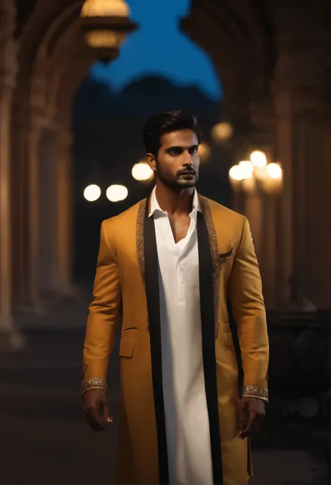 Craft a compelling narrative depicting an AI Indian male model wearing a meticulously coordinated ensemble against the backdrop of the night. Envision a scene where the models attire seamlessly blends with the nocturnal atmosphere, exuding a combination of...