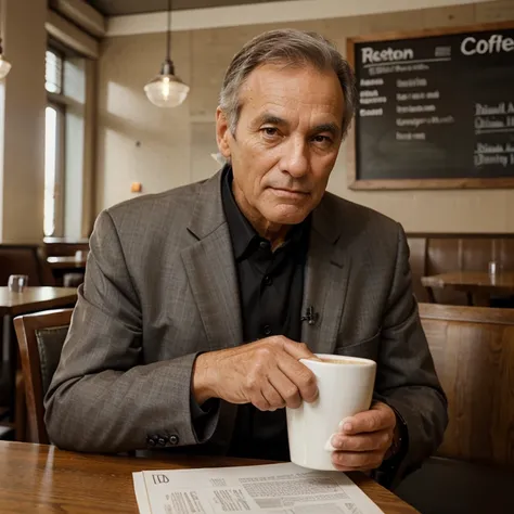 A 60 year old man wearing a suit sitting at a restaurant table with a cup of coffee in his hand