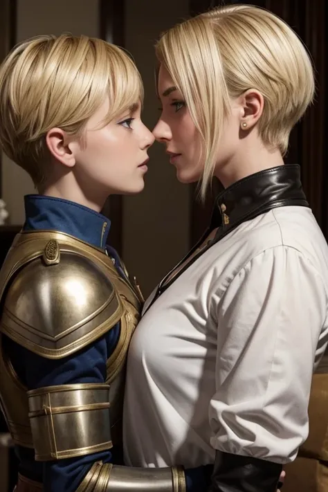 russian family,mom and daughter, mom with short hair, general, blondes, perfect face, roman armor, soft lesbians