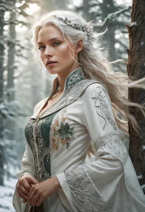 Elven Woman:white woman:elegant:Mori people:Hunters attire:Clothes embroidered with silver thread on a white background:detailed:, white skin:Transparent, beautiful profile:Nordic beauty:seems kind:young, white hair:shiny, Strong bow, Yazuki, forest backgr...