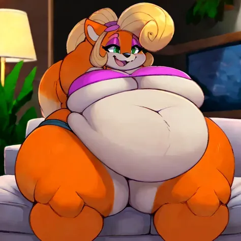 {anthro; orange fur, black nose, (cute green eyes), (pink eyeshadow), (excited smile), (mouth open), blonde curly hair, curly ponytail, (curvy hips), (very tall)}, a (morbidly obese:1.4) solo female (sitting:1.2) (on couch), hotpants, crop top, chubby chee...