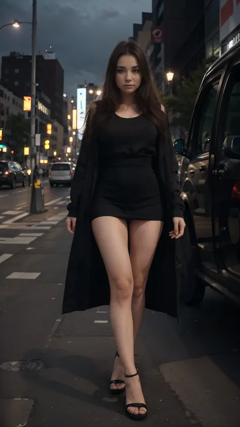 Full body pic showing from head to toe, wearing slippers, carrying hand bag, long black dinner dress, untra realistic, standing next to taxi cab in New York City, night lights background