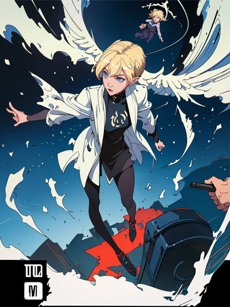 a young blonde angel and in opposition a devil-like young woman as dark satan with microphones in enormous exaggerated clothes flying on a cloud through the blue universe, contrasting, polarizing, trash tv style, tv-series cover of big brother, magical lig...