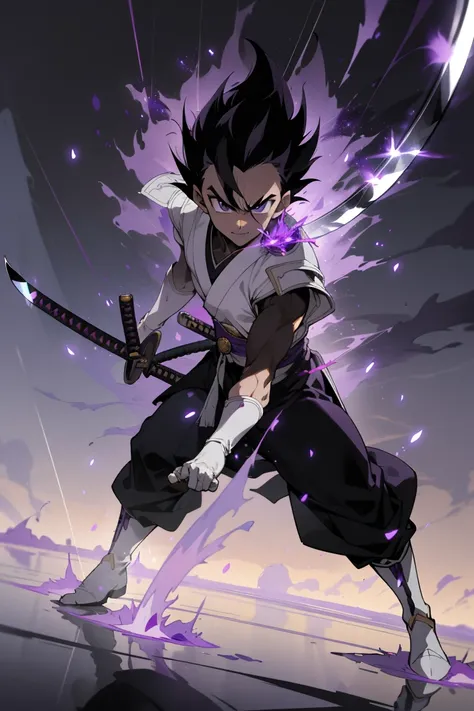 masterpiece, best quality, 1boy, vegeta, Black hair, upper white armor, kimono black clothes, white gloves, white boots, black eyes, spiky hair, hollow mask, (katana:1.4), zanpakutou, smiling,( at night:1.4), night, low light, natural light, fighting pose,...