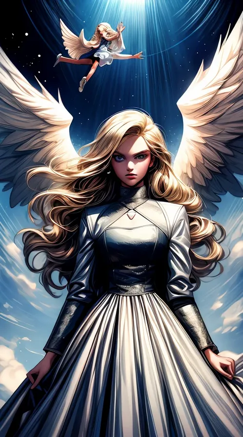 a young blonde angel and in opposition a devil-like young woman as dark satan with microphones in enormous exaggerated clothes flying on a cloud through the blue universe, contrasting, polarizing, trash tv style, tv-series cover of big brother, magical lig...