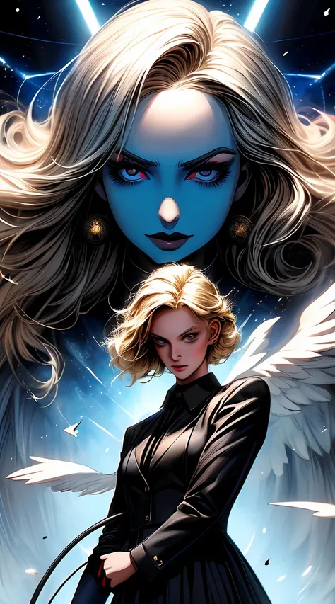 a young blonde angel and in opposition a devil-like young woman as dark satan with microphones in enormous exaggerated clothes flying on a cloud through the blue universe, contrasting, polarizing, trash tv style, tv-series cover of big brother, magical lig...