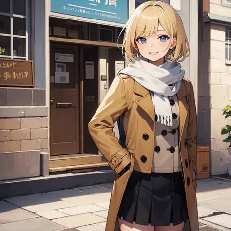 Masterpiece, solo, 1girl, smiling, scarf, coat, short skirt, short blonde hair, cafe 