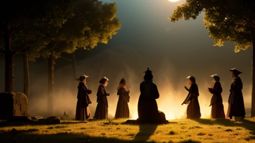 Create a vivid image of a night scene, where women dressed in dark ritual attire gather around an ancient sacrificial stone. Ilumine a cena com luz fraca, highlighting the serious and determined features of the participants, while an ominous fog hangs in t...