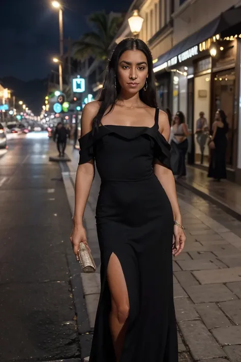 Uma foto noturna iluminada de uma avenida, uma mulher de 25 anos, olhos castanhos, pele branca, out on the town at night wearing a long black dress full of diamonds by Versace,  cabelos soltos, olhar delicado, beleza real