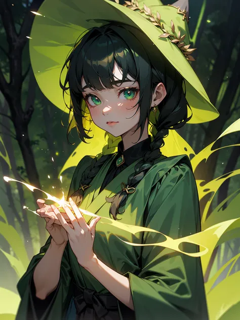 ( green witch robe and big green shirt,Cute girl with  green witch big hat and braid, Cute black hair girl, Approx.10 years old, short height, Dark hair , Green dressing gown, Split lips,Upper body, light Particle, forest, Intense sunlight,Effect of twinkl...