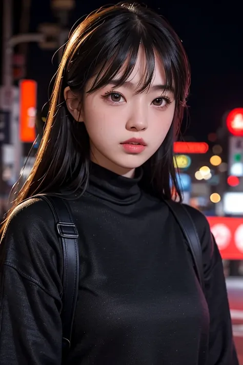 1girl, Tokyo street,night, cityscape,city lights, upper body,close-up, 8k, RAW photo, best quality, masterpiece,realistic, photo-realistic,