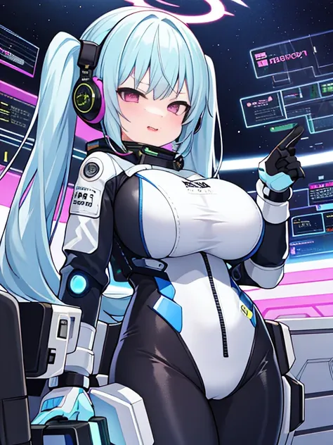 very detailed、masterpiece、high quality、one high school girl、12 years old、Loli、(white and blue space suit)、front zipper、(Futuristic, Tight Fit Bodysuit)、headphone、Cyberpunk space station interior background、(colorful light blue hair),ロングtwin tails, (pink ey...