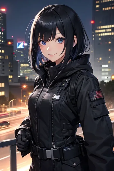 woman(solo)、messy black short bob、long sharp eyes、blue eyes、tall、black tactical coat、smart outfit、villain&#39;s smile、Dolls Frontline 、Sangvis Kozo、intruder、city of los angeles、night background、Smart Poses、high resolution、high quality、8K quality