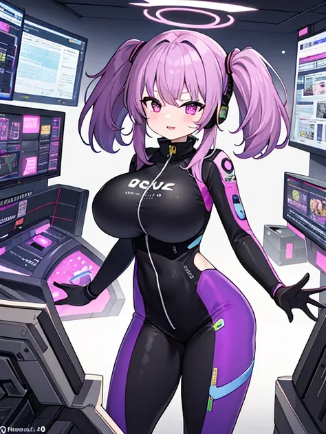 very detailed、masterpiece、high quality、one high school girl、12 years old、Loli、(black space suit、Yellow Accents)、front zipper、(Futuristic, Tight Fit Bodysuit)、headphone、Cyberpunk space station interior background、(colorful purple hair),ロングtwin tails, (pink ...