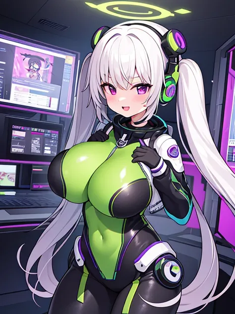 very detailed、masterpiece、high quality、one high school girl、12 years old、Loli、(black space suit、green and yellow accents)、front zipper、(Futuristic, Tight Fit Bodysuit)、headphone、Cyberpunk space station interior background、(colorful purple hair),ロングtwin tai...