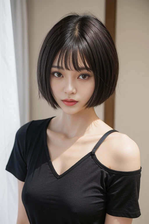 arafed asian woman with short hair and a black shirt, with short hair, with short hair with bangs, short straight hair, princess cut, 黒princess cutヘア, Black-haired Sui Ishida, 白princess cutの髪型, with short straight brown hair, black short curtain haircut, w...