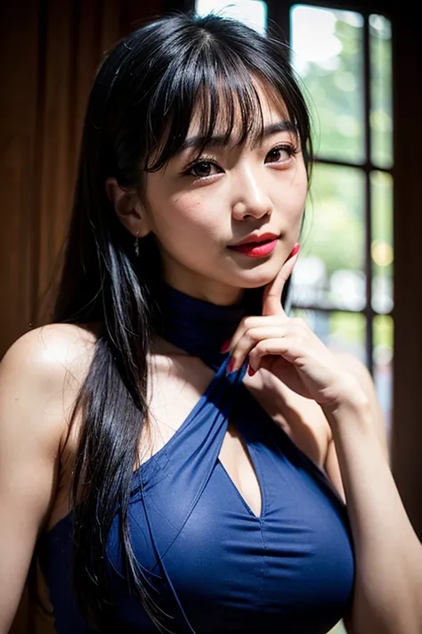 Detailed face of an Asian woman looking into the camera, yeux bleus, warm, thick red lips, Separate mouth with sensuality, Correct deformed fingers, photorealistic, Piercing eyes, Eyes for the camera, smiling slightly