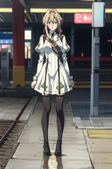 whole body, myself peeing, have to pee, violet_Evergarden, train station, Are standing, Worried, blush, shy, Puddles of urine, green_eye, humiliating, look down, flushed, panic, violet Evergarden uniform, white long dress, black stockings, brown high heel ...