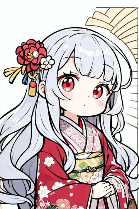 LINE stickers,silver hair,Lady,red eyes,fluffy,kimono,wavy hair,long hair,Less exposure,kind,It&#39;s warm,background white