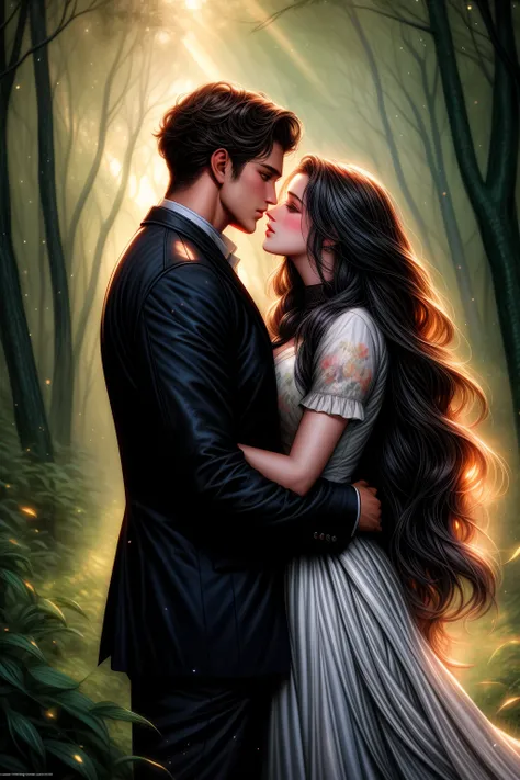 they are kissing in the woods with a light shining on them, magali villeneuve, romantic painting, beautiful digital artwork, charlie bowater and artgeem, graphic artist magali villeneuve, lovely kiss, inspired by Magali Villeneuve, magali villeneuve and mo...