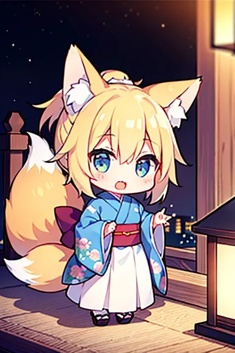 1 girl、blonde hair ponytail、Fox eared tail、floral kimono、foxfire、cute、Chiblin with a lantern、shrine background、chibi character、(High resolution of the highest quality)、[[Tangled fingers]]