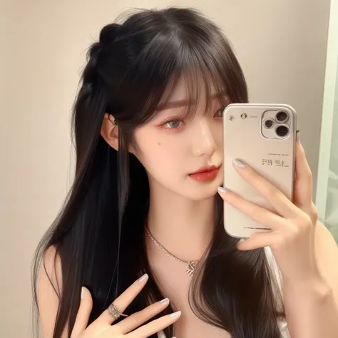 a closeup of a woman holding a cell phone in her hand, ulzzang, long hair com franja, long hair com franja completa, she has bla...