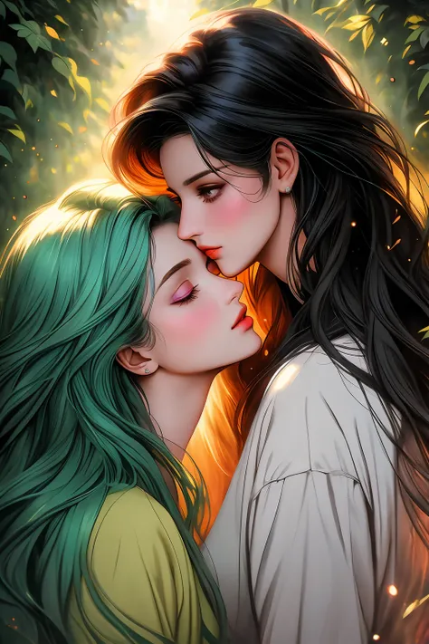 they are kissing in the woods with a light shining on them, magali villeneuve, romantic painting, beautiful digital artwork, charlie bowater and artgeem, graphic artist magali villeneuve, lovely kiss, inspired by Magali Villeneuve, magali villeneuve and mo...