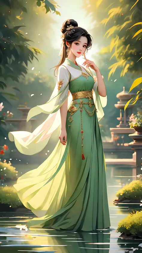 A girl in ancient costume，She has beautiful and delicate eyes，Red lips and white teeth。Her figure is elegant，Standing in an ancient and peaceful garden。She wears gorgeous clothes，The hem of the skirt floats gently，As if dancing in the breeze。The garden is ...