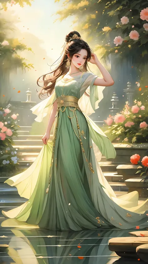 A girl in ancient costume，She has beautiful and delicate eyes，Red lips and white teeth。Her figure is elegant，Standing in an ancient and peaceful garden。She wears gorgeous clothes，The hem of the skirt floats gently，As if dancing in the breeze。The garden is ...