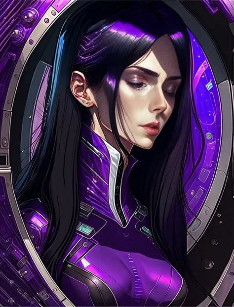 2d anorexic cartoon woman, she has a long neck, she has long black hair.mature. she wears a purple v-neck skin tight body suit. She  inside a stasis pod capsule in space. She  asleep with her eyes closed