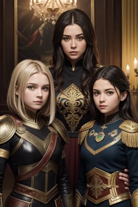 russian family, mom and daughters, mom with short hair, general, perfect face, roman armor, villains, daughter with long hair, lesbians intimacy