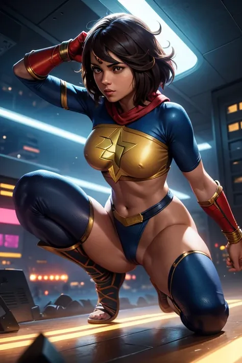 superhero Ms. Marvel - Kamala Khan, combat stance, highly detailed, vibrant appearance, creative behavior, imaginative, , spontaneous, small breasts, sexi, revealing, naked breasts, highest quality, skin texture, intricate details, (cinematic lighting), RA...