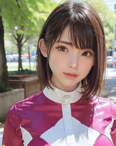 ((((pink ranger suit))))、(PinkRanger), best quality, photorealistic, 8k, high res, full color, 1girl, (closed mouth:1.73), (skindentation), (portrait:1), trees, standing, full-body, daylight, park background, full color, looking at viewer:1, (1girl eyes lo...