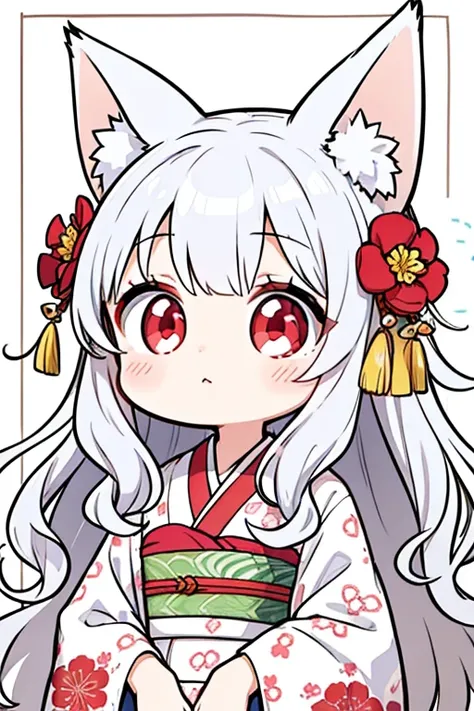 LINE stickers,silver hair,Lady,red eyes,fluffy,kimono,wavy hair,long hair,Less exposure,kind,It&#39;s warm,background white,fox ears（white）