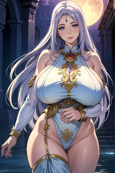 Ancient lady, ((mature beautiful woman)), ((mature mom)), ((milf)), ((thicc)), ((beautiful flowing very long white hair)), ((hair bang)), ((sidelocks with hair tubes)), ((Ancient fantasy skimpy fashion outfit)), ((elbow sleeve)), pelvic cloth, ((thong jewe...