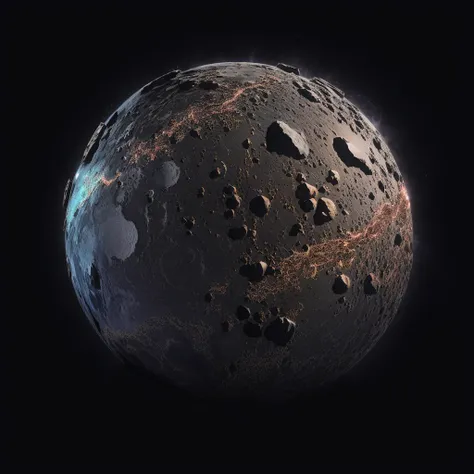 Generate new planets based on this image. Preserve the style. Ultra High quality metal-rocky textures, all black background, try to use the same texture from the sample, but randomized. keep it 1:1