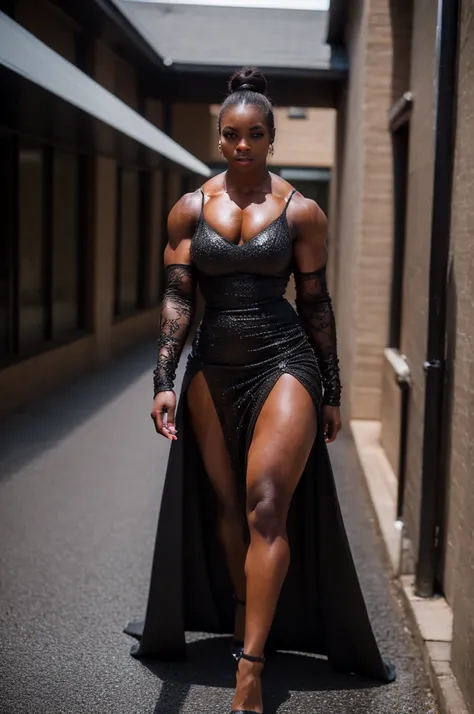 A black woman who is a bodybuilder. She is wearing long evening dress with gloves in high heels stilettos holding a small bag, walking out of the hotel front door, (masterpiece:1.2) (photorealistic:1.2) (best quality) (intricate details) (8K) (high poly) (...