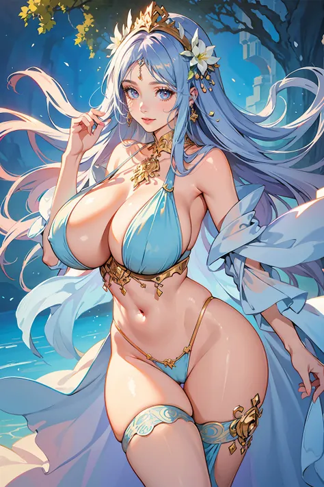 Ancient lady, ((mature beautiful woman)), ((mature mom)), ((milf)), ((thicc)), ((beautiful flowing very long white hair)), ((hair bang)), ((sidelocks with hair tubes)), ((Ancient fantasy skimpy fashion outfit)), ((elbow sleeve)), pelvic cloth, ((thong jewe...