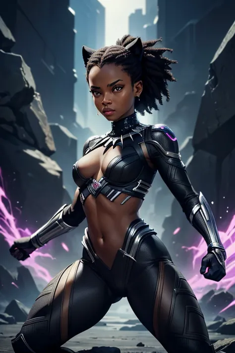 black girl, superhero Black Panther, Wakandan vibranium accessories, combat stance, highly detailed, vibrant appearance, creative behavior, imaginative, , spontaneous, small breasts, sexi, revealing, naked breasts, highest quality, skin texture, intricate ...