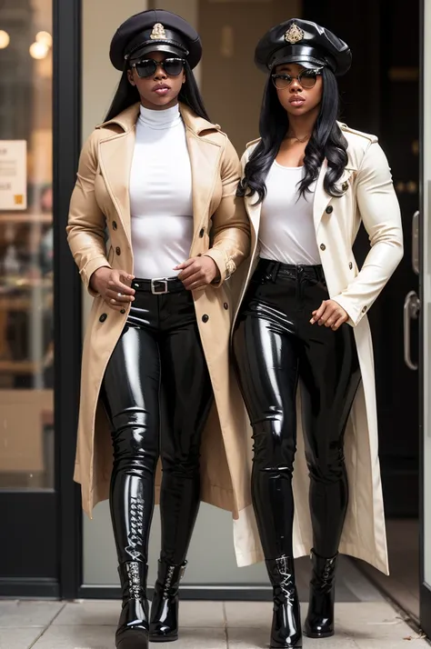 Aaliyah who is a bodybuilder. Denim pants, (cream long cloth coat), sunglasses, cloth beret, (black latex boots:1.2). She is walking out of the boutique store front door, (masterpiece:1.2) (photorealistic:1.2) (best quality) (intricate details) (8K) (high ...