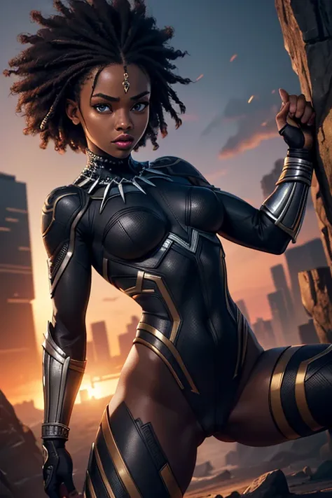 black girl, superhero Black Panther, Wakandan vibranium accessories, combat stance, highly detailed, vibrant appearance, creative behavior, imaginative, , spontaneous, small breasts, sexi, revealing, naked breasts, highest quality, skin texture, intricate ...