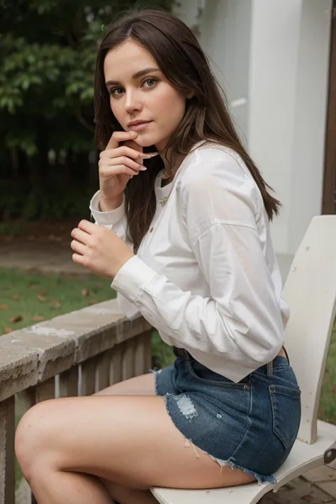 realistic white woman with dark brown hair taking a photo sitting