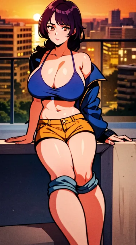 (masterpiece), high-definition, girl, happy, big boobs, cleavage, big hips, messy dark purple hair, orange eyes, yellow crop top, black thong, blue shorts, jacket, balcony, leaning on the railing, sunset