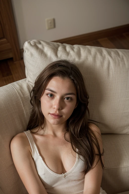 Realistic selfie of a young woman with long brown hair, laid down on a couch, taken from above 