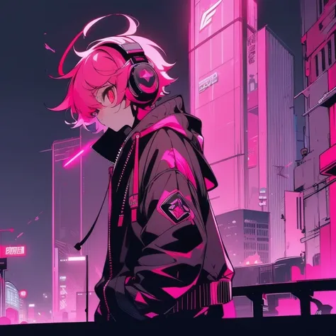 (shortcut), (two block hair), (bright pink hair), (male character), (red eyes), (cool pose), (top quality), (masterpiece), (Super detailed), (oversized hoodie), (Street style), (neon), (modern city), (neonデイライト), (cinematic), (stylish), (High resolution), ...